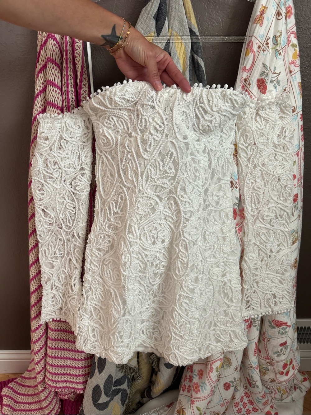 12th Tribe White Strapless Textured Lace Mini Dress with Detachable Long Sleeves